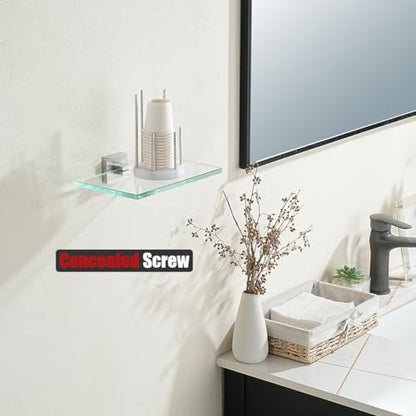JQK Bathroom Glass Shelf, Tempered Glass Shower Storage 8 by 5 inches, 304 Stainless Steel Brushed Finish Wall Mount, TGS201L8-BN - color: Brushed Steel, size: 8 Inch