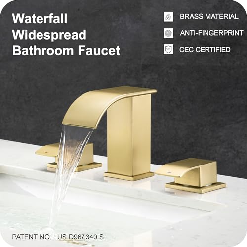 GAGALIFE 8 Inch Waterfall Bathroom Faucets 3 Hole - Brushed Gold Widespread Bathroom Faucet with Pop-up Drain, Two Handles Bathroom Sink Faucet, Modern Vanity Sink faucets with Supply Lines - color: Gold, style: With Drain