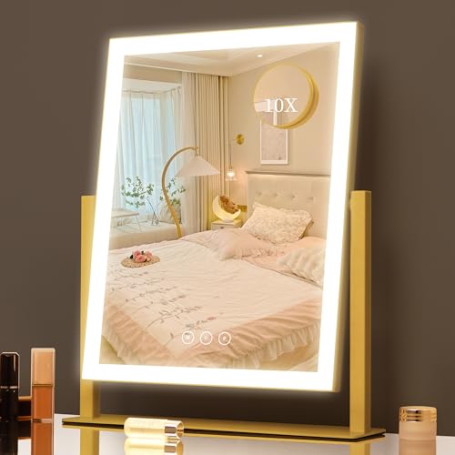 Kotdning Vanity Mirror with Lights, 16.7"×13.2" LED Makeup Mirror, Lighted Makeup Mirror with Lights, Smart Touch Control Dimmable 3 Modes Light, Lighted Up Mirror for Bedroom & Dorm, Gold - color: Gold