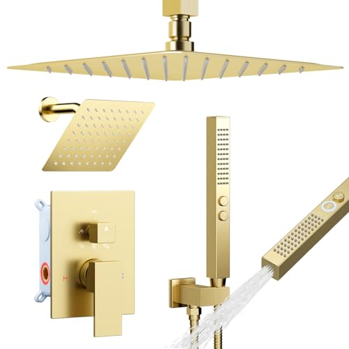STARBATH Shower Faucet Set Shower System with Diverter Valve, Brushed Gold | 12 Inch Ceiling Mount Rain Shower Head, 6 Inch Wall Mount Rainfall Shower Head and 2-in-1 Handheld Spray for Two Person - color: Gold, size: 12"+6"-03