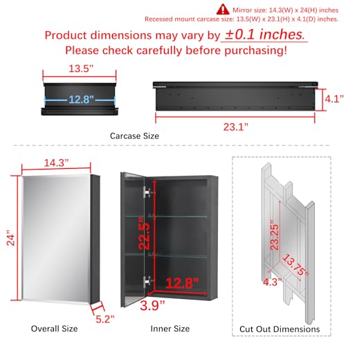 14 x 24 Black Aluminum Medicine Cabinet with Mirror, Recessed/Surface Mount | Bathroom Medicine Cabinet, 2 Adjustable Glass Shelves, Double-Sided Beveled Mirror Door, Soft-Close Hinge, Reversible Swing