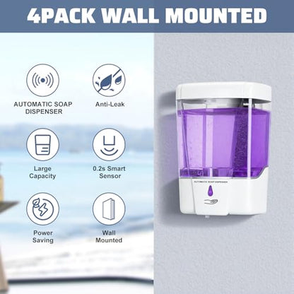 4 Pack Automatic Soap Dispenser Wall Mount,Touchless Liquid Soap Dispenser,Battery Operated,600 ml / 20 oz Commercial Hand Detergent Dispenser for Office Home Kitchen School Bathroom Hotel (White) - color: White