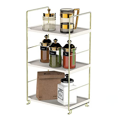 3-Tier Kitchen Spice Rack, Freestanding Stackable Organizer Shelf, Bathroom Countertop Storage Shelf, Cosmetic Organizer Holder, Square Standing Rack (Golden) - color: Golden