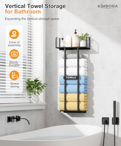 Towel Racks for Bathroom with Top Towel Shelf Hold 8 Large Rolled Towels, 36" Wall Mounted Bathroom Towel Storage Organizer for Small Bathroom, Camper, Rv (Black)