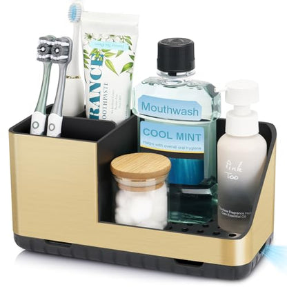 Toothbrush Holders for Bathroom Counter Organizer (Brushed Gold Grain) | Easy To Clean, Drainage, Non-Slip, Detachable, Kids Electric Toothbrush and Toothpaste Holder for Bathroom - color: Brushed Gold