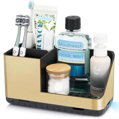 Toothbrush Holders for Bathroom Counter Organizer (Brushed Gold Grain) | Easy To Clean, Drainage, Non-Slip, Detachable, Kids Electric Toothbrush and Toothpaste Holder for Bathroom - color: Brushed Gold