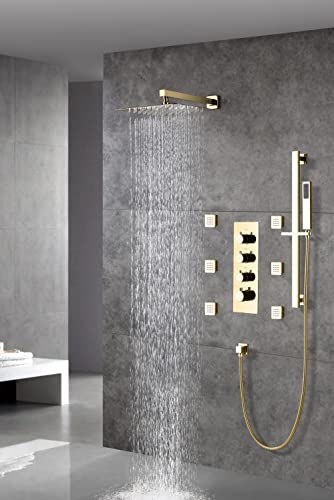 Cascada Luxury 12” Rainfall Shower set (Wall Mounted) with 4 knob thermostatic Valves & 3 functions (Rainfall, Body jets & Hand Shower) (Antique Brass) - color: Antique Brass