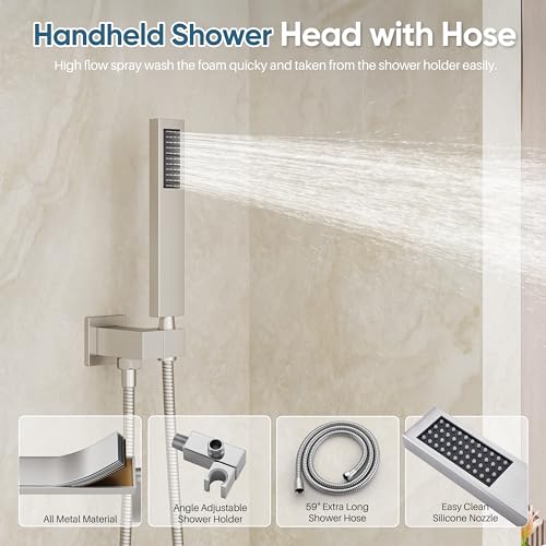 Nickel Shower System, Brushed Nickel Shower Faucet Set, 10'' Ceiling Shower Head, 6'' Wall Mounted Shower Head, 3 In 1 Push Button Shower Valve Kit, Waterfall ShowerHead with Handheld, Brushed Nickel - color: Brushed Nickel