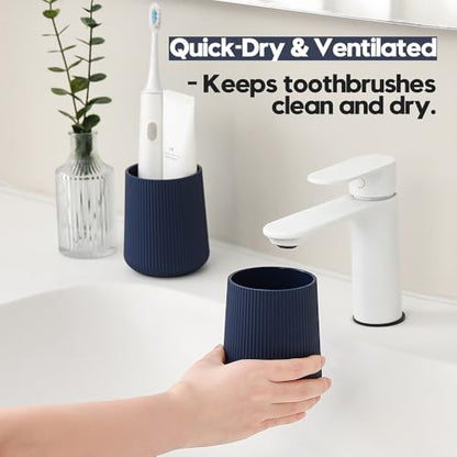 YAUKPH Navy Blue Striped Toothbrush Holder | for Electric Toothbrushes Bathroom Organizer Cup for Toothpaste Kids & Adults - color: Blue Ribbed