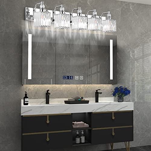 Ralbay Modern Crystal Bathroom Vanity Light 5 Light 40''Chrome Vanity Lighting Over Mirror Bathroom Wall Lighting Fixtures - color: Square-Chrome, size: 40 inch