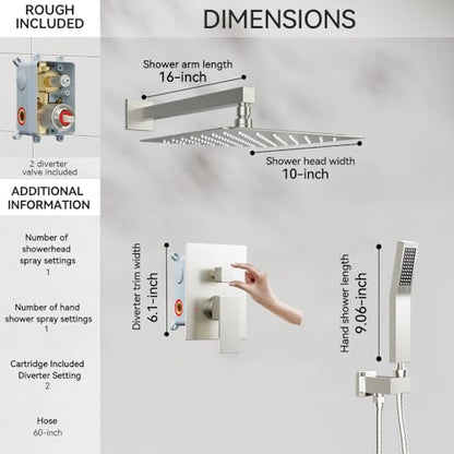 STARBATH Shower Faucet Set Shower System with Diverter Valve Brushed Nickel | 10" Wall Mount Rain Shower Head and Handheld Spray for Two Person,Shower System with Diverter Valve and Trim Kit Complete - color: Brushed Nickel, size: 10"-01