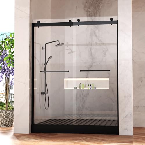 Frameless Shower Door, 5/16" (8mm) Clear Tempered Glass Shower Door, 56-60" W x 74" H, Quiet Soft-Close, Reversible Installation, SGCC Certified (Matte Black-Double Sliding Style A, 60" W x 74" H) - color: Matte Black-Double Sliding A-60" W x 74" H