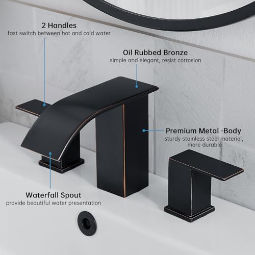 RUMOSE Bathroom Faucets Bronze Bathroom Sink Faucet 3 Hole with Drain | 8 inch Widespread 2 Handles Lavatory Vanity Faucet Set, Waterfall Spout, Deck Mounted, Pop Up Drain, Stainless Steel - color: Oil Rubbed Bronze