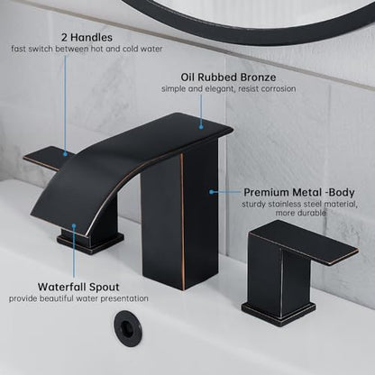 RUMOSE Bathroom Faucets Bronze Bathroom Sink Faucet 3 Hole with Drain | 8 inch Widespread 2 Handles Lavatory Vanity Faucet Set, Waterfall Spout, Deck Mounted, Pop Up Drain, Stainless Steel - color: Oil Rubbed Bronze