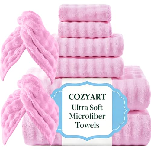 COZYART Lint Free 8 Pcs Bathroom Towels Set Ultra Soft Microfiber Pink | Ultra Fluffy, Thick, Highly Absorbent, Quick Dry, No Shedding, No Pilling, Fade Resistant, Durable, Long-lasting - color: Pink