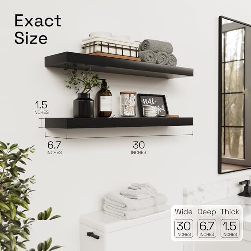 Solid Wood Floating Shelves for Wall 30 Inches Long, Black Wooden Shelf | Real Wood, 30 Inch, Bathroom Shelf Large, Heavy Duty, Wall Mounted, Kitchen Bedroom, Black Finish, 30W × 6.7D, Set of 2 - color: Black, size: 30 Inch