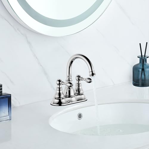 Chrome 4 Inch Centerset Bathroom Sink Faucet 3 Hole with Pop up Drain | Derengge High Arc Classic 2-Handle Bathroom Faucet, Vanity Lavatory Faucet with 360° Swivel Spout，F-4501-CP - color: Polished Chrome