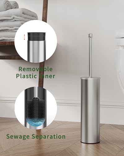 Toilet Brush and Holder Set, Toilet Bowl Brush for Bathroom with Long Handle, Stainless Steel Toilet Cleaner Brush with Durable Scrubbing Bristles,Splash-Proof (Brushed Nickel) - color: Brushed Nickel