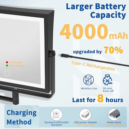 Ruacq Wall Mounted Makeup Mirror with Lights 1X/10X Dual Sided Matte Black | 8",4000mAh Rechargeable,Magnification,3 Color,Touch Screen Dimmable,360° Rotation Extension Foldable Arm, Square, Women Gift - color: Matte Black