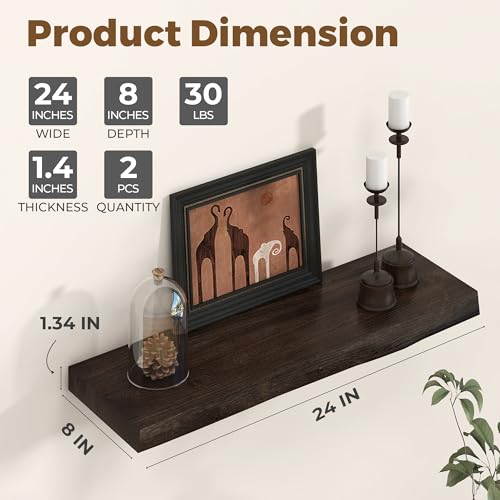 24 inch Floating Shelves for Wall Live Edge, Walnut, 2PCs | 8'' D Rustic Solid Elm Wood, Wall Mounted, Wall Shelves, Invisible Bracket, Living Room Bedroom Kitchen - color: Walnut Live Edge, size: 24x8x1.4in, Set of 2