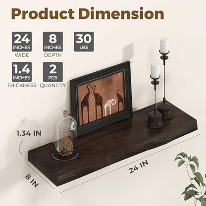24 inch Floating Shelves for Wall Live Edge, Walnut, 2PCs | 8'' D Rustic Solid Elm Wood, Wall Mounted, Wall Shelves, Invisible Bracket, Living Room Bedroom Kitchen - color: Walnut Live Edge, size: 24x8x1.4in, Set of 2