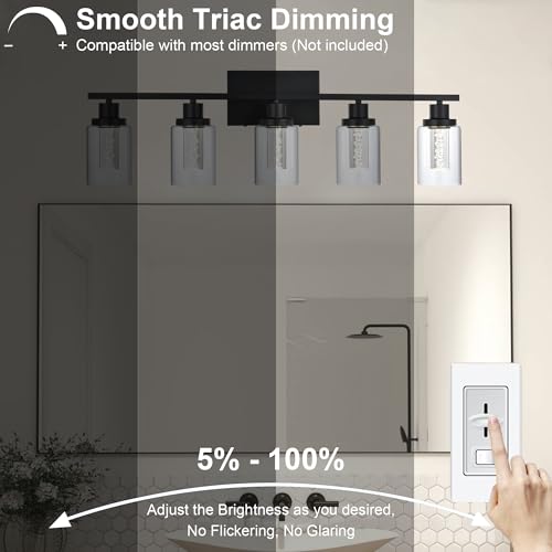 MELUCEE LED Bathroom Vanity Light 5-Light Dimmable Bathroom Light Bar | 5CCT 3000K-6000K Modern Black Vanity Lighting Fixtures with Crystal Bubble Clear Glass Shade, Built-In LED Chips - color: Black, size: LED-5 Lights