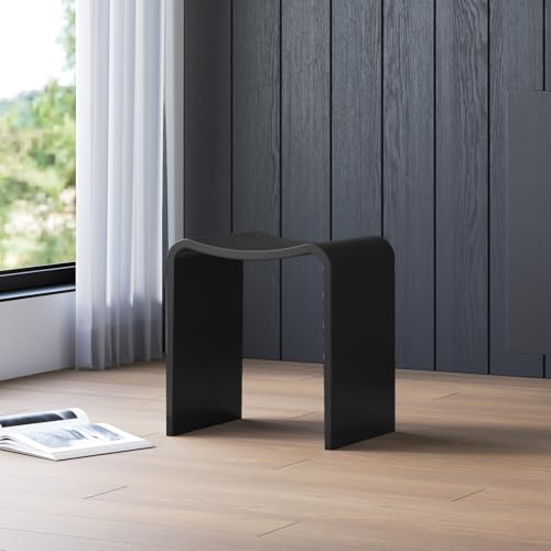 Black Shower Stool 16.7' H, Solid Surface Modern Bathroom Benches， | Heavy Duaty Stone Resin Bath Seat, 400 lbs Capacity Fancy Insider Shower Chairs for Shaving Legs - color: Black Curved