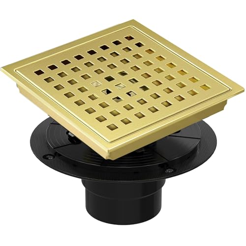 6 Inch Square Shower Floor Drain, Shower Drain Kit with Flange, Square Shower Drain, SUS 304 Stainless Steel Floor Drain,Golden - color: Golden, size: 6 Inch