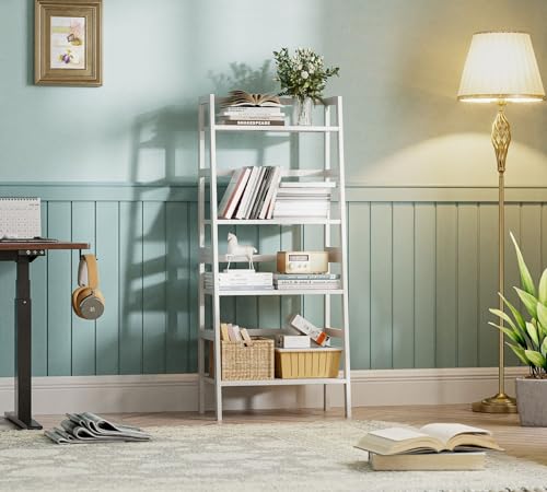 HITNET White Ladder Bookshelf, Leaning Bookcase, 4-Tier Bamboo Shelf, Floor Standing Storage Shelving Unit, Open Display Book Shelves - color: White
