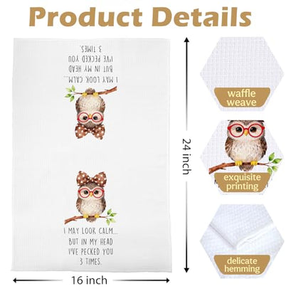 Owl Gifts Kitchen Towels Set - Owl Leopard Bow Decorative Waffle Dish Towels, Funny Bird Gifts Hand Towel, Bird Watching Gift Tea Towel, 16x24 Inch Set of 2 - color: Owl