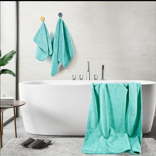 POLYTE 410 GSM Poly Blend Microfiber Quick Dry Bath Towel Set of 6 Pieces | 2-Body Towels, 2-Hand Towels, 2-Wash cloths, Oversize, Lint Free - color: Aqua