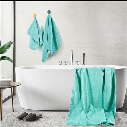 POLYTE 410 GSM Poly Blend Microfiber Quick Dry Bath Towel Set of 6 Pieces | 2-Body Towels, 2-Hand Towels, 2-Wash cloths, Oversize, Lint Free - color: Aqua