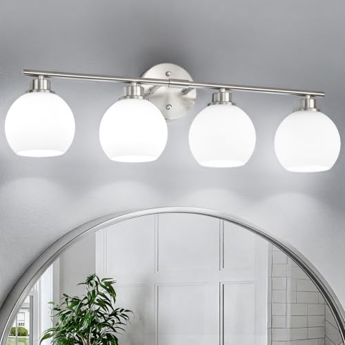 Brushed Nickel Bathroom Light Fixtures, 4-Light Vanity Light Over Mirror | Modern Bathroom Lighting Over Mirror, Wall Sconces, Milky White Globe Glass Shades, E26 Socket,ETL Listed - color: Brushed Nickel, size: 4-Light