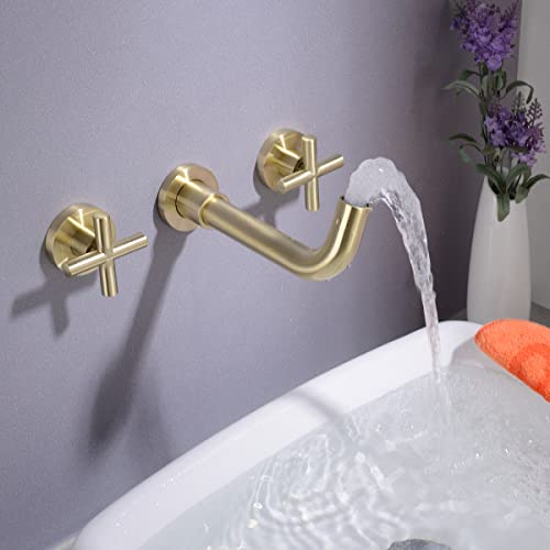 TRUSTMI Brushed Gold Bathroom Faucet Cross Handle Wall Mount Rough-in Valve | Premium Brass Construction, 360° Swivel Spout, Concealed Valve Included, fits Vessel Sinks, 2 Handle - color: Brushed Gold