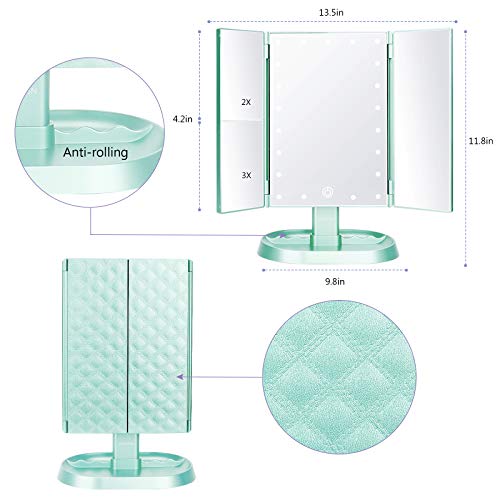 Trifold Lighted Vanity Makeup Mirror with 21 LED Lights,1x/2x/3x Magnification Touch Screen Dimming,Two Power Supplies Makeup Mirror, Gift for Women - color: Green