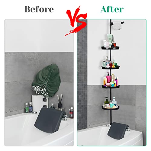 GAOMON Bathroom Rust-Resistant Shower Trolley Corner, 4-Tier Adjustable Shelf with Tension Rod, Bathroom Accessories Shower Organizer, Floor Standing Bath Shelf Bracket, Up to 123 Inch, Black