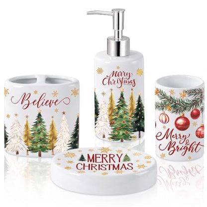 4 Pcs Christmas Ceramic Bathroom Accessories Gifts Xmas Tree Bath Tumbler Soap Dispenser Toothbrush Holder Soap Tray Merry Xmas Bathroom Decorations (White Merry Christmas) - style: White Merry Christmas