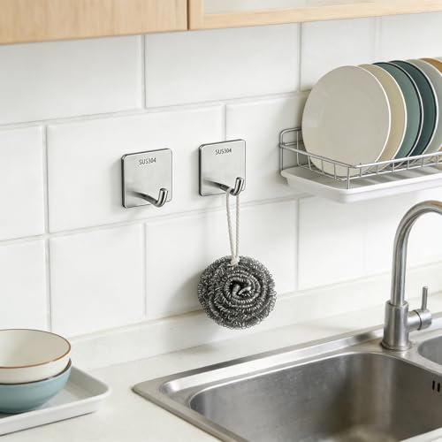 4 Pcs Self Adhesive Towel Hooks, Stainless Steel Sticky Wall Hooks for Hanging, Waterproof Shower Hook for Robe/Clothes, No Drilling Towel Hangers for Bathroom Kitchen Bedroom Office