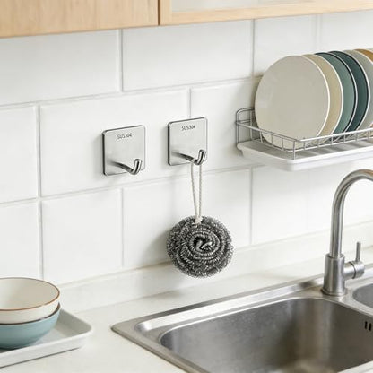 4 Pcs Self Adhesive Towel Hooks, Stainless Steel Sticky Wall Hooks for Hanging, Waterproof Shower Hook for Robe/Clothes, No Drilling Towel Hangers for Bathroom Kitchen Bedroom Office