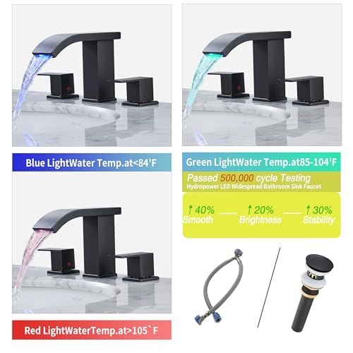 Bathroom faucets 3 Hole Widespread Modern Bathroom Sink Faucet 8 inch Matte Black Bathroom 3 Hole LED Light Waterfall Vanity Faucet Sink with Pop Up Drain (Matte Black) - color: Matte Black