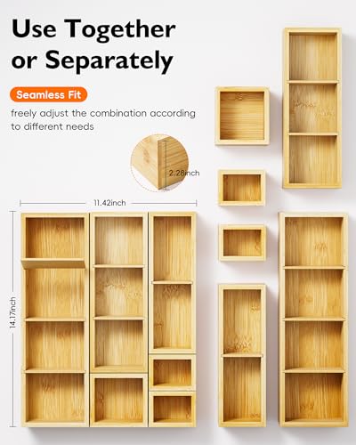 Bamboo Drawer Organizer Set, 6 PCS Trays with 12 Compartments | Natural Bamboo, Flexible Modular Trays, Water-Resistant, Stackable Design, Adjustable, Excellent Organization, Easy to Clean - size: 12 Compartments