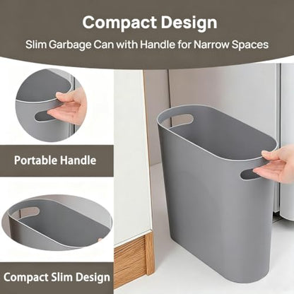 3 Pack Bathroom Trash Can, 3.2 Gallon Slim Waste Basket, Plastic Bathroom Wastebasket Slim Garbage Can for Narrow Spaces Bathroom Bedroom Kitchen Office at Home, Grey - color: Grey