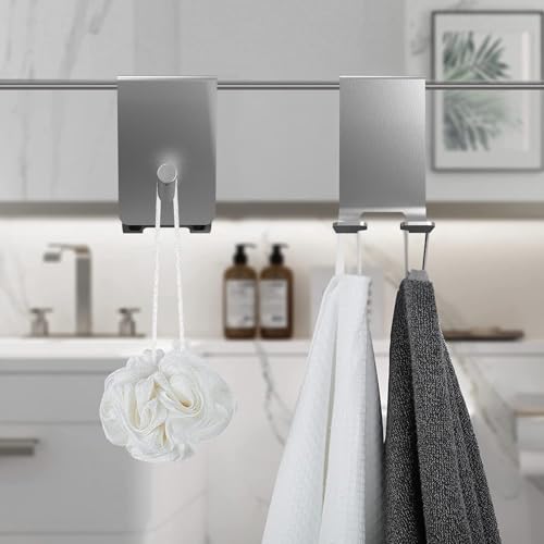 Linkidea 2 Pack Double-Sided Over Shower Door Towel Hooks for Frameless Glass Doors, No-Drill Stainless Steel Bathroom Hooks with Foam Pads (Silver) - color: Silver