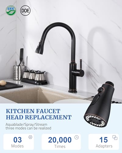 Kitchen Faucet Spray Head Replacement, Pull Down Sprayer with 15 Adapters | Pull Out Faucet Spray Nozzle, 3 Modes Stream/Spray/Strong Spray, DOE CEC Certified, Simple Installation, Oil Rubbed Bronze - color: Oil Rubbed Bronze