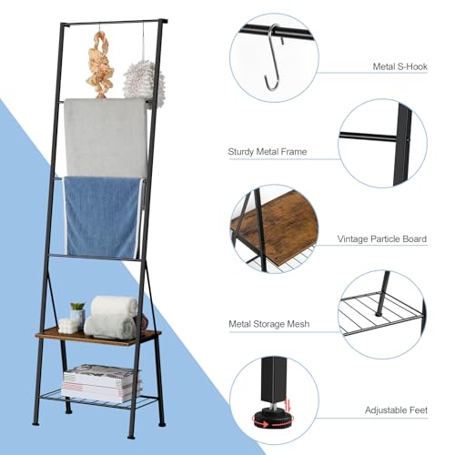 BTY Blanket Ladder Black Towel Ladder with Shelf Metal Blanket Ladder Holder for Bathroom Standing Ladder Towel Rack with Hooks Stocking Holders for Living Room Bedroom Laundry Room