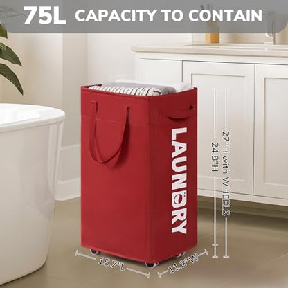 Goodpick 75L Collapsible Laundry Baskets with Removable Wash Bag and Wheels | Laundry Basket with Wheels, Rolling Laundry Hamper with Handle for College Dorm, Laundry Hamper on Wheels, Red - color: Red 1-Pack