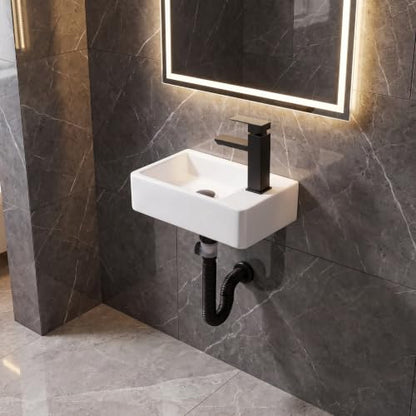 White Wall Mounted Ceramic Bathroom Sink, 14" x 7" Floating Vessel Sink | Rectangle, Black Faucet, Pop Up Drain, Ideal for Small Bathroom, Right Hand - size: 13.8''x6.8''