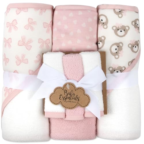 Hooded Baby Bath Towel and Washcloth 6 Piece Set for Newborns, Infants & Toddlers, Boys & Girls Baby Hooded Towels Set (Pink Bows and Teddy Bears) - color: Pink Bows and Teddy Bears