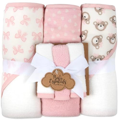 Hooded Baby Bath Towel and Washcloth 6 Piece Set for Newborns, Infants & Toddlers, Boys & Girls Baby Hooded Towels Set (Pink Bows and Teddy Bears) - color: Pink Bows and Teddy Bears