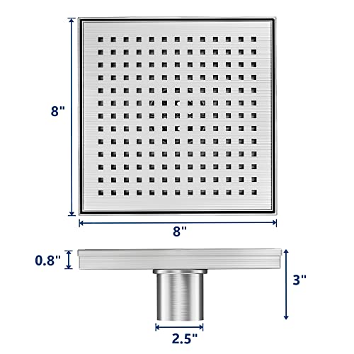 Neodrain 8 in Brushed Square Shower Drain with Quadrato Pattern Grate | 304 Stainless Steel Square Drain for bathroom, with Hair Strainer and Lifting Hook,Waterproof & Durable, CUPC Certified - color: Stainless, size: 8 IN